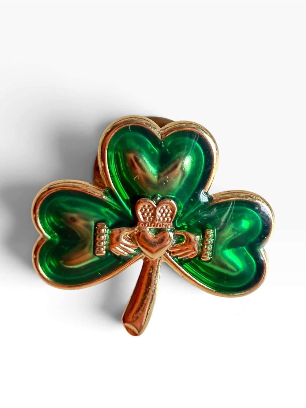 Vintage Green Enamel Shamrock Claddagh Lapel Pin Irish Celtic Gold Tone Jewelry